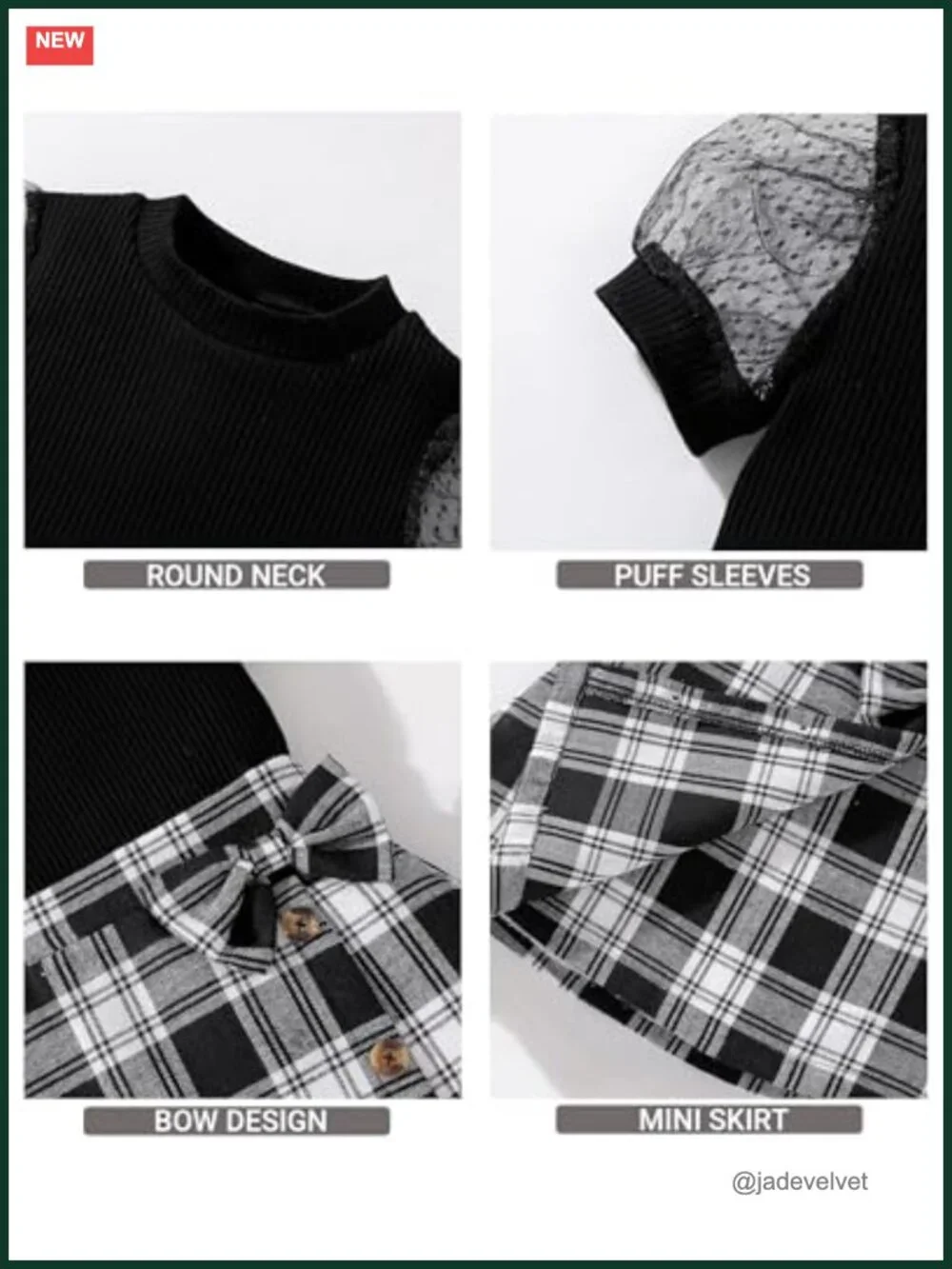 Skirt Sets Puff Sleeves T-shirt and Plaid Skirts 2 Piece Outfit Short Sleeve